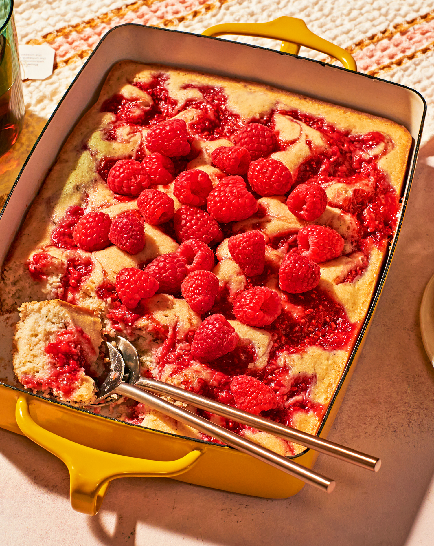 Image of Always Fresh Raspberry Cardamon Spoon Cake with a container of Always Fresh raspberries