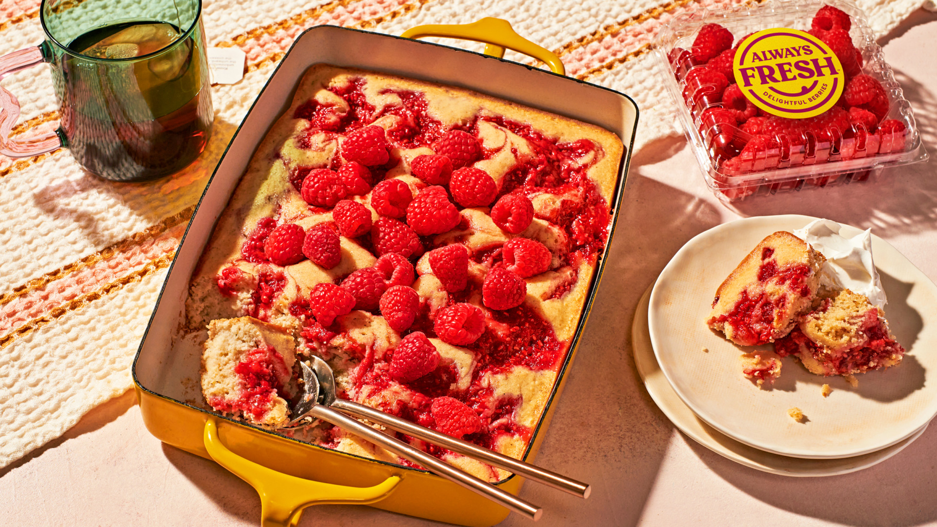 Image of Always Fresh Raspberry Cardamon Spoon Cake with a container of Always Fresh raspberries