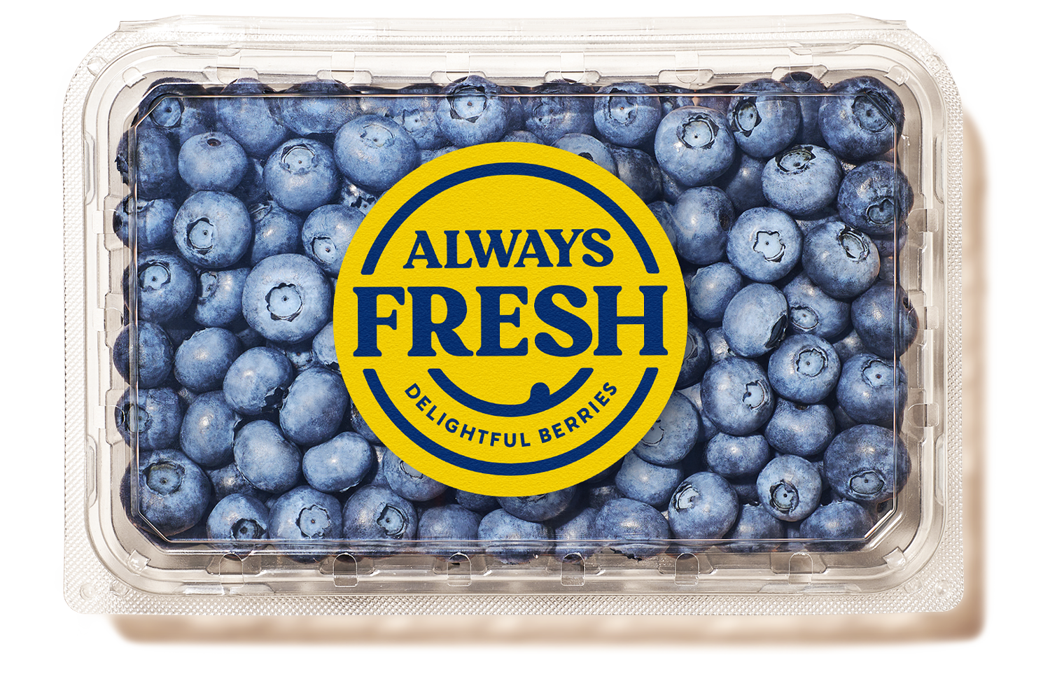 Image of Always Fresh Blueberries in clear container with Always Fresh logo and the tag line Delightful Berries.