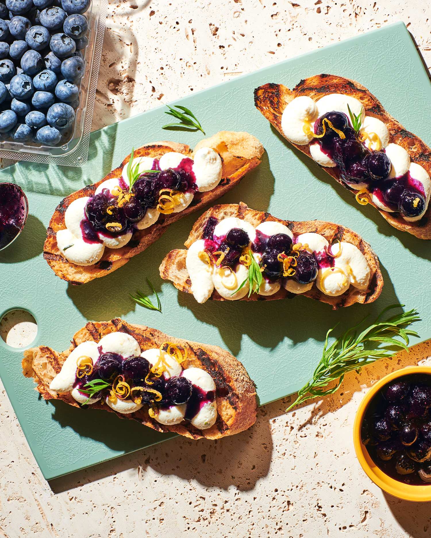 Image of Always Fresh Blueberry and Whipped Ricotta Grilled Bruschetta with a tray of Always Fresh