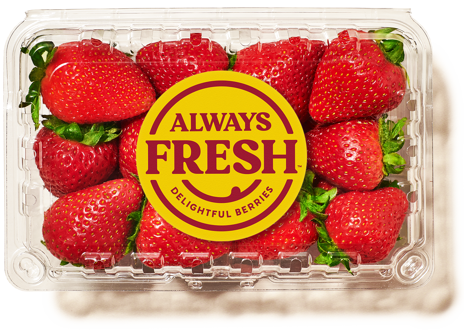 Image of Always Fresh strawberries in clear container with Always Fresh logo and the tag line Delightful Berries.