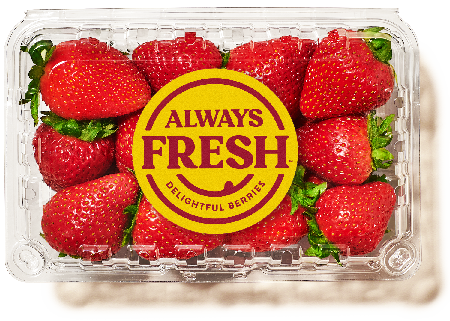 Image of Always Fresh strawberries in clear container with Always Fresh logo and the tag line Delightful Berries.