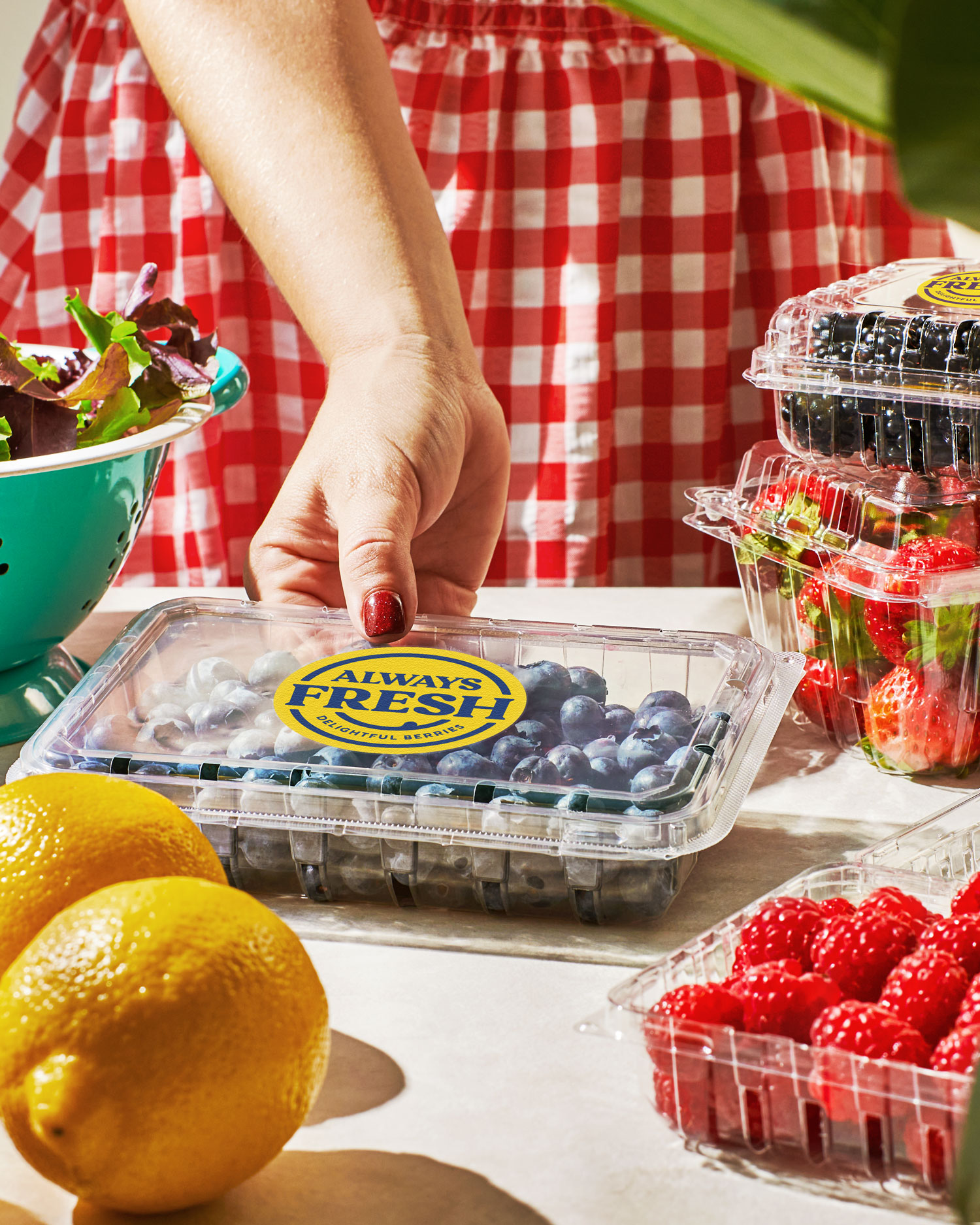 Image of woman's hand reaching for an Always Fresh container of blueberries with other Always Fresh berries in containers